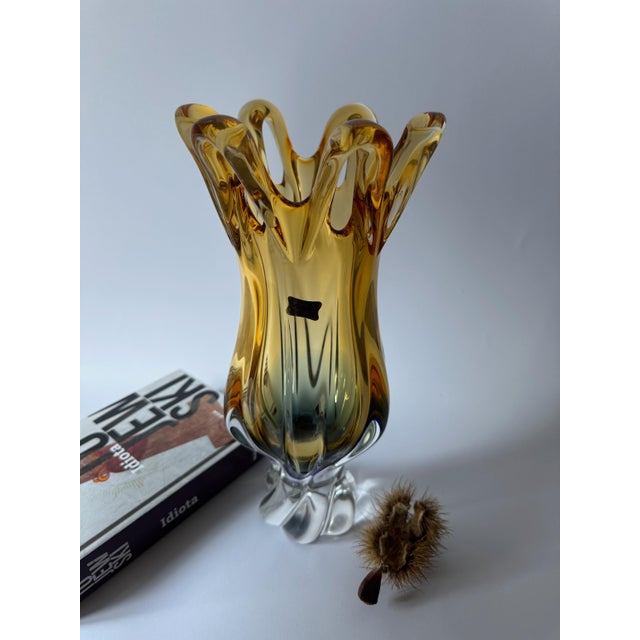 Organic Modern Bohemian Amber Art Glass Vase from Egermann Glassworks, Czech Republic, 1980s For Sale - Image 16 of 16