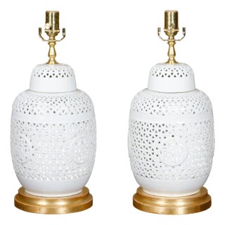 1920s White Porcelain Asian Vases with Geometric Décor Made into Table Lamps - a Pair For Sale