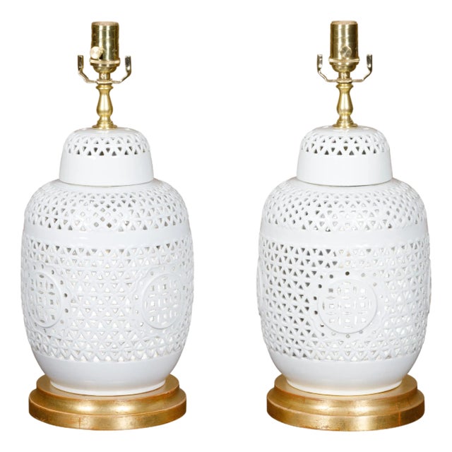 1920s White Porcelain Asian Vases with Geometric Décor Made into Table Lamps - a Pair For Sale
