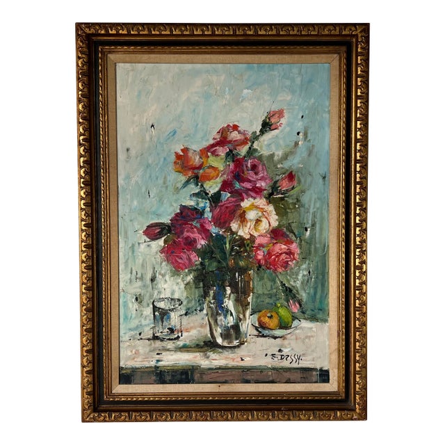 Italian E. Dessey " Roses " Still Life Oil Painting , Framed For Sale