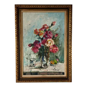 Italian E. Dessey " Roses " Still Life Oil Painting , Framed
