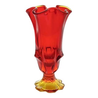 1970s Fenton “Valencia (Amberina)” Red & Orange Footed Ruffled Vase For Sale