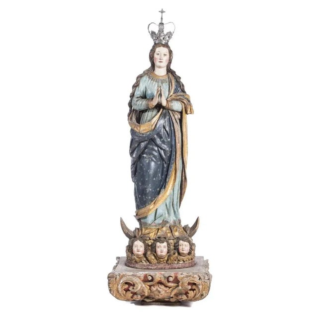 Indo-Portuguese sculpture "Lady Conception" 17th century, H 147cm. Our Lady Conception Indo-Portuguese teak wood carving...