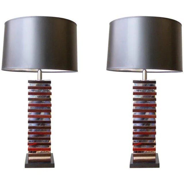 Pair of French Stacked Wood and Chrome Table Lamps For Sale - Image 12 of 12