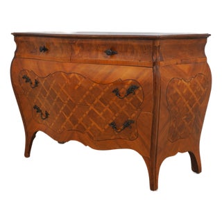 Italian Marquetry Inlaid Bombe Commode Chest For Sale