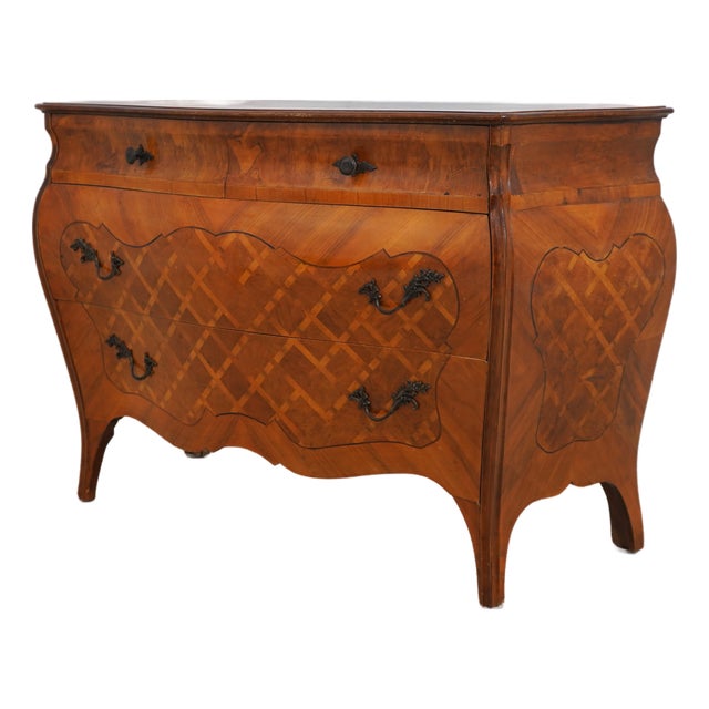 Italian Marquetry Inlaid Bombe Commode Chest For Sale