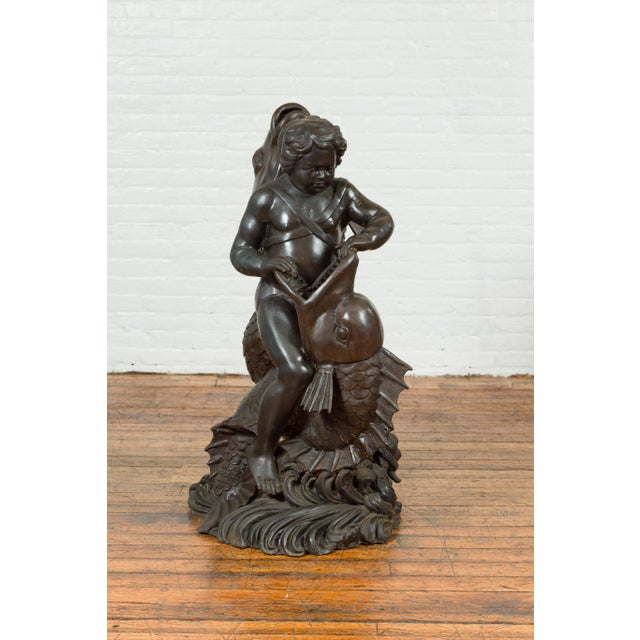 Brown Mid 20th Century Greco-Roman Style Bronze Putto Riding a Dolphin Fountain For Sale - Image 8 of 13