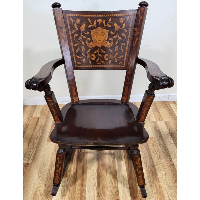 Brown Antique Dutch 19th C Carved & Marquetry Inlaid Rocking Chair + Needlepoint Pillow For Sale - Image 8 of 18
