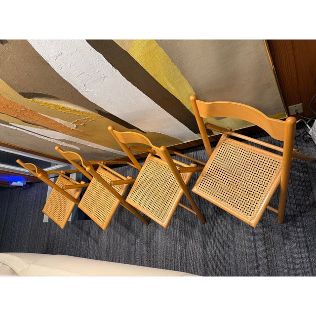 Mid-Century Modern Italian Folding Chairs Beech & Rattan, 1980s, Set of 4 For Sale - Image 3 of 11