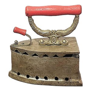 Vintage Cast Iron Charcoal Iron With Red Brass Handle – Early 20th Century Industrial Accent
