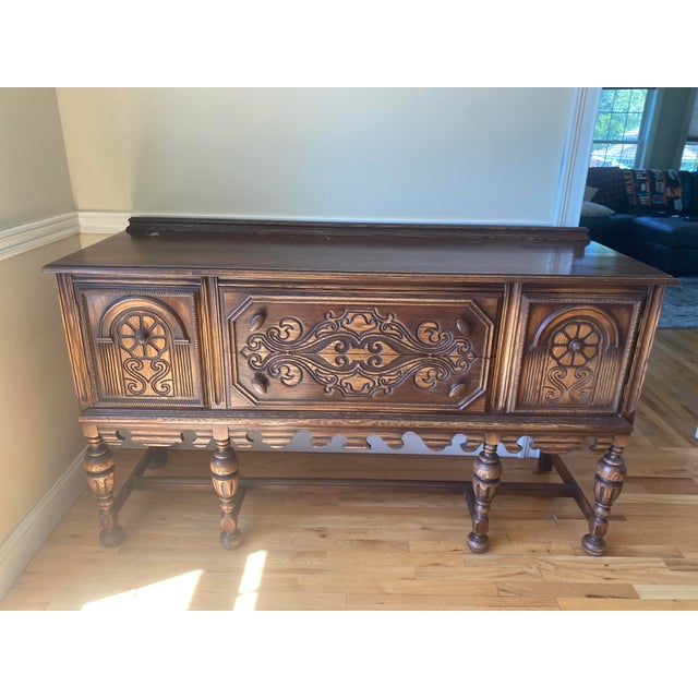 Jacobean Antique 1920s Jacobean Revival Carved Oak Sideboard / Buffet For Sale - Image 3 of 9