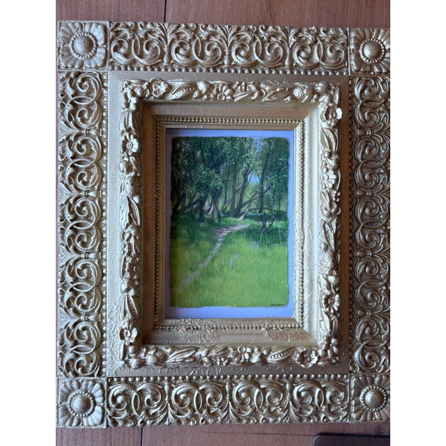 Contemporary 2025 Painting of Green Woods, Clearing, and Meadow on a Warm Day in Vintage Gold Frame For Sale - Image 3 of 12