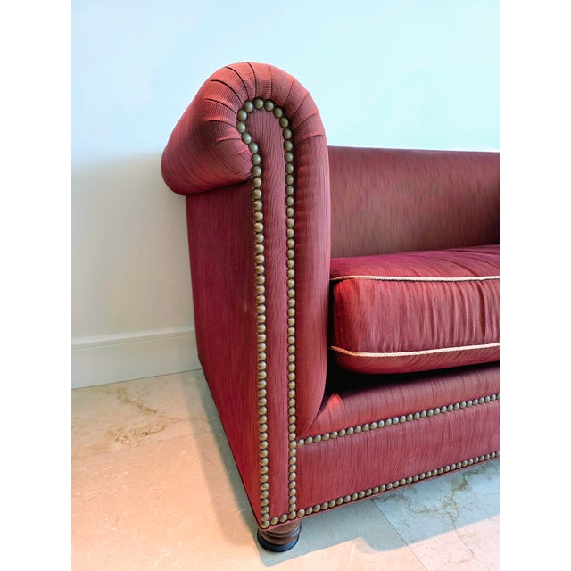 Burgundy Le Jeune Miami Custom Burgundy Rolled-Arm Sofa With Nailhead Trim & Accessories For Sale - Image 8 of 8