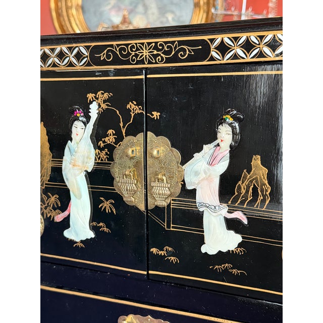 Wood Vintage Chinese Asian Black Lacquer Mop Chinoiserie Table Top Cabinet For Sale - Image 7 of 12