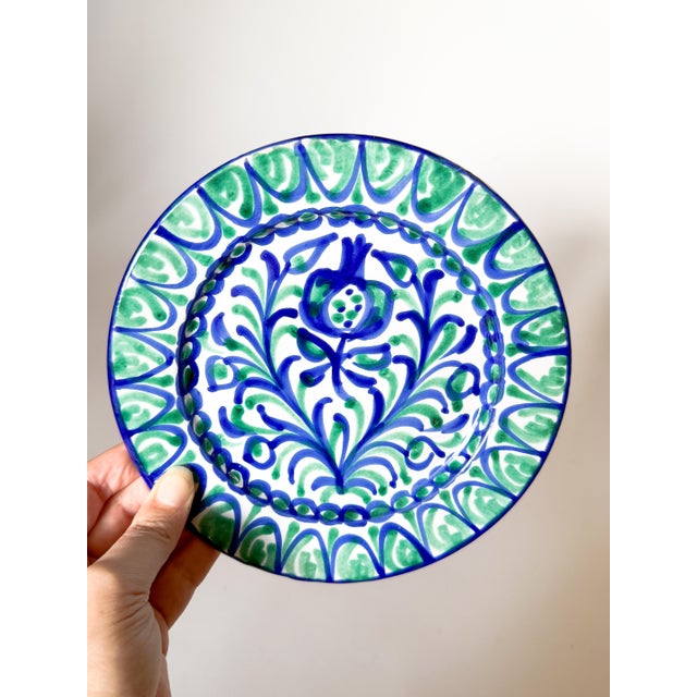 Vintage Granada Spanish Fajalauza Blue/Green Pomegranate Plate For Sale - Image 4 of 5