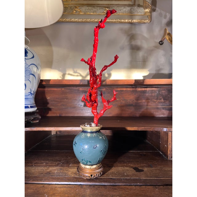 Small Chinoiserie Chic Decorative Faux Red Coral Branch in Handpainted & Gilded Green Vase For Sale - Image 4 of 9