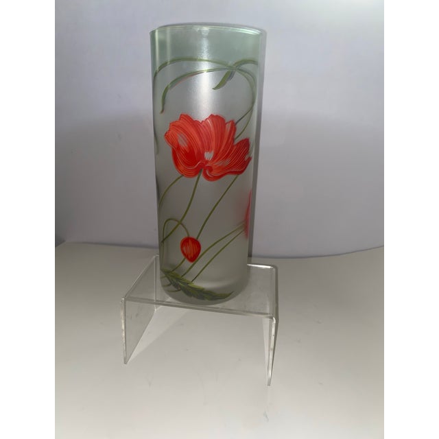 Art Style and Nouveau Vase . Large Early 20th Century Art Nouveau Green Cylinder Frosted Glass Vase With Floral Motif For Sale - Image 10 of 12