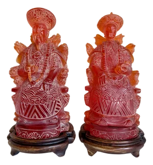 Vintage Pair of Chinese Emperor and Empress Amber Flame Sculptural Figures on Wood Base