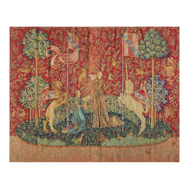 1875s Antique Red Tapestry Scene Pictorial Medieval Romance European Flat Weave For Sale