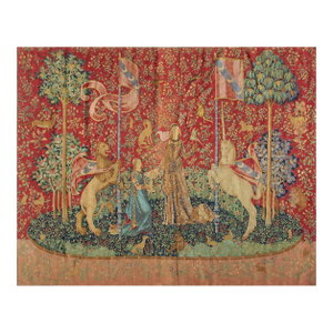 1875s Antique Red Tapestry Scene Pictorial Medieval Romance European Flat Weave