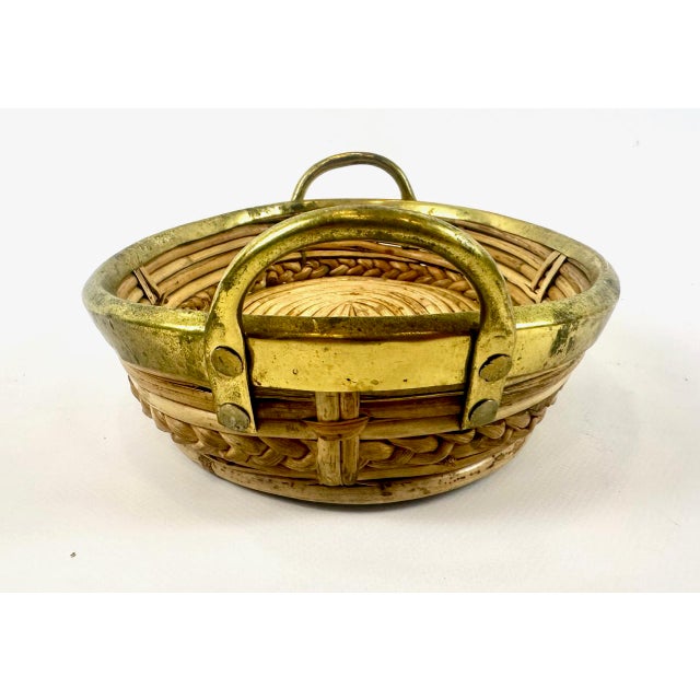 1960s Italian Rattan and Brass Basket Centerpiece, 1960s For Sale - Image 5 of 12