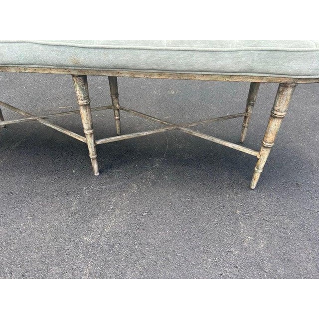Modern Faux Bamboo Tufted Velvet Bench in Grey Blue Upholstery For Sale - Image 9 of 18