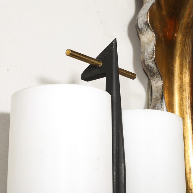 Mid-Century Frosted Glass, Brass & Black Enamel Sconce by Maison Arlus For Sale In New York - Image 6 of 11