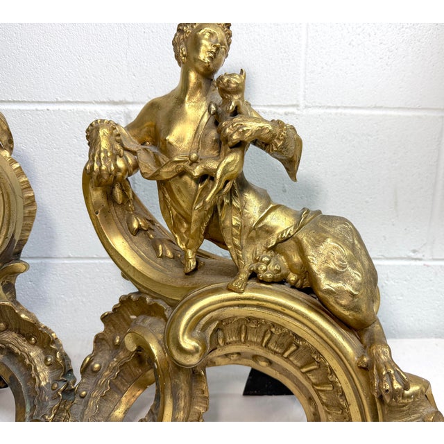 Antique Heavy Pair of Louis XV Style Gilt Bronze Female Sphinx Chenets Andirons For Sale - Image 4 of 17