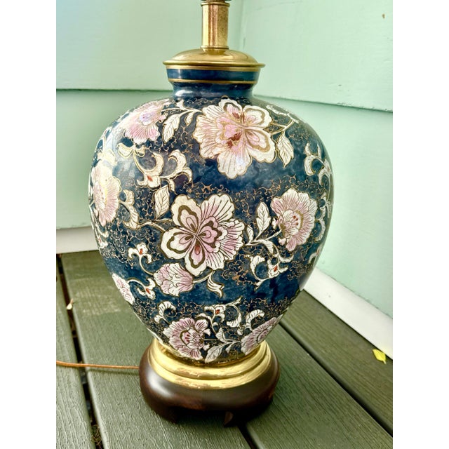 Mid 20th Century Frederick Cooper Vintage Dark Blue Floral Lamp For Sale - Image 5 of 10