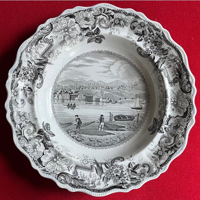 Antique 19th Century English Staffordshire Clews Historical Brown Transferware Soup Plate Picturesque Views Hudson, New York & Hudson River For Sale - Image 4 of 12