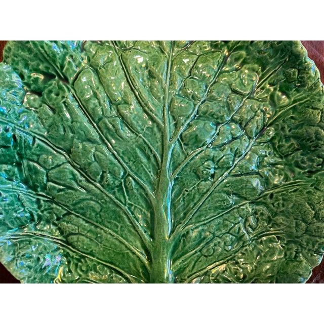Antique Portuguese Majolica Pottery Green Cabbage or Lettuce Leaf Serving Dish For Sale - Image 4 of 11