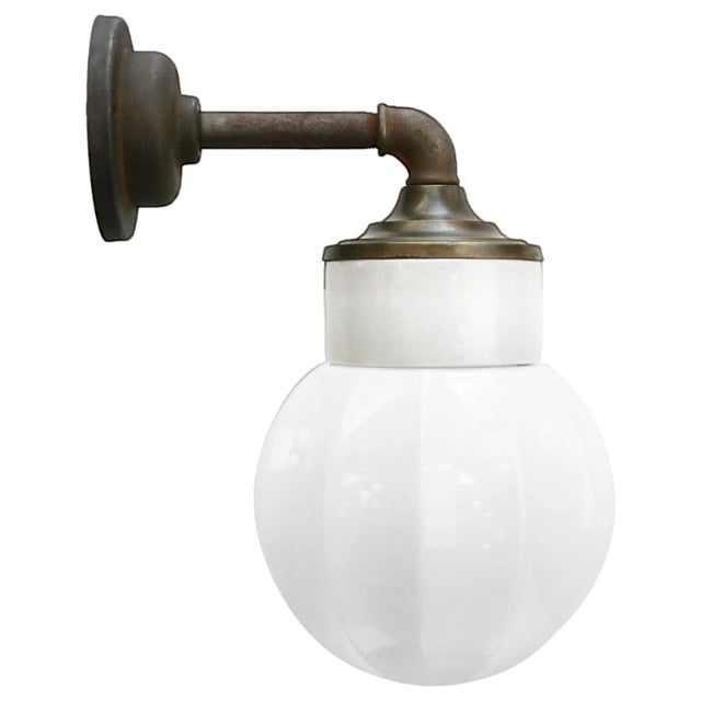Vintage Industrial White Wall Lamp in Porcelain and Opaline Glass For Sale