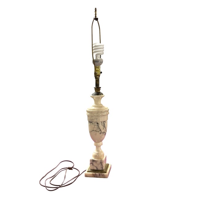Neoclassical Pair of Vintage Italian Neoclassical White Marble Urn Table Lamps With Carved Details For Sale - Image 3 of 11