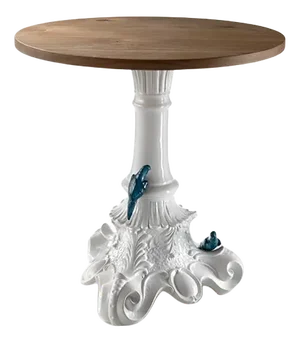 Baroque Coffee Table with Natural Oak Top and Magnetic Parrots in White from Rebirth Ceramics