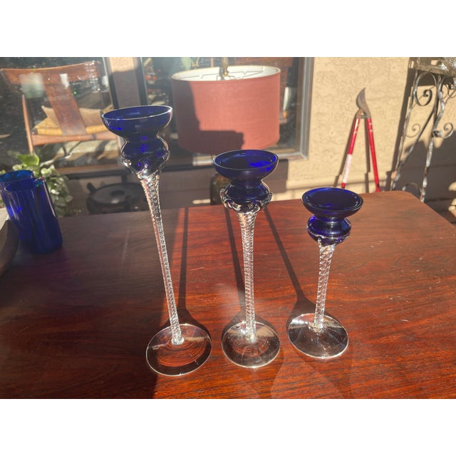 Mid-Century Modern Romanian Cobalt Blue Glass Candleholders: Handcrafted Crystal Set For Sale - Image 3 of 9