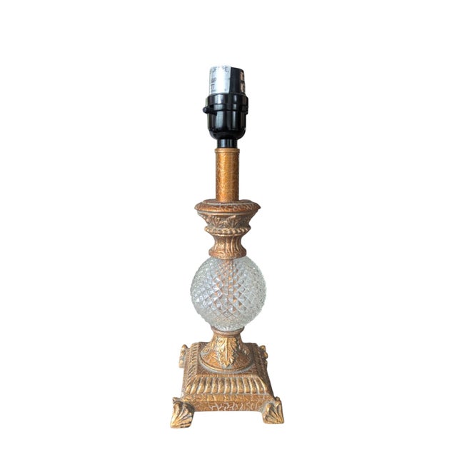 Hollywood Regency Gilded Gold and Faux Crystal Lamps With Pink Lampshades- A Pair For Sale - Image 15 of 18