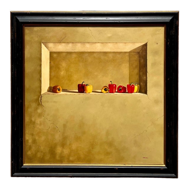 Rene Chavelle, Large Trompe L'oeil Oil Painting Rene Chavelle Belgian Photo Realist Peppers, c.1980's For Sale - Image 11 of 15