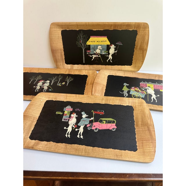 1950s Signed Kentley "The Romance of Fifi and Pepe" Full Set(4) Wooden Tray For Sale - Image 11 of 16