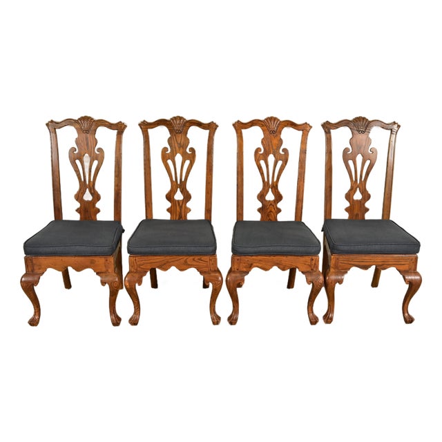 Henredon Georgian Carved Solid Oak Dining Chairs, Set of Four For Sale