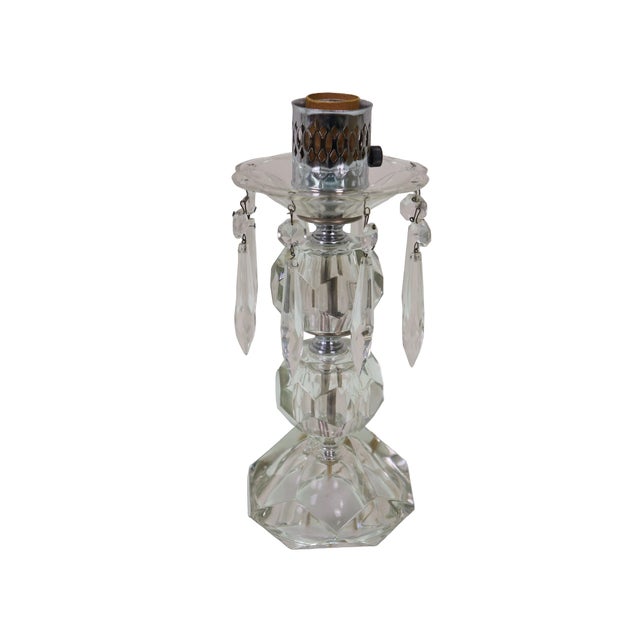 Mid-Century Modern 2 Mid Century Etched Glass Crystal Hurricane Candlestick Boudoir Lamps 20" For Sale - Image 3 of 18