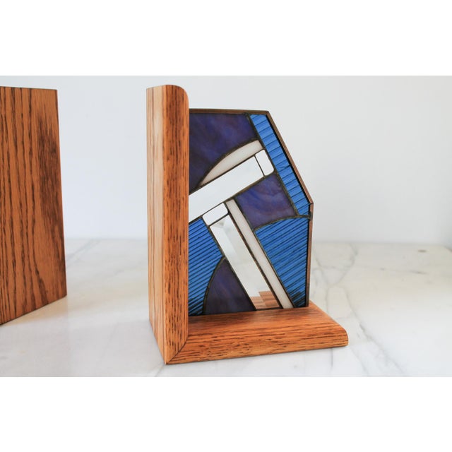 Wood Pair of Vintage Wood and Stained Glass Bookends For Sale - Image 7 of 10