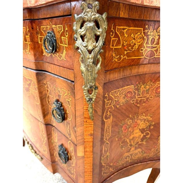 Vintage Louis XV Style Floral Marquetry Bombe Commode With Marble Top For Sale - Image 10 of 18