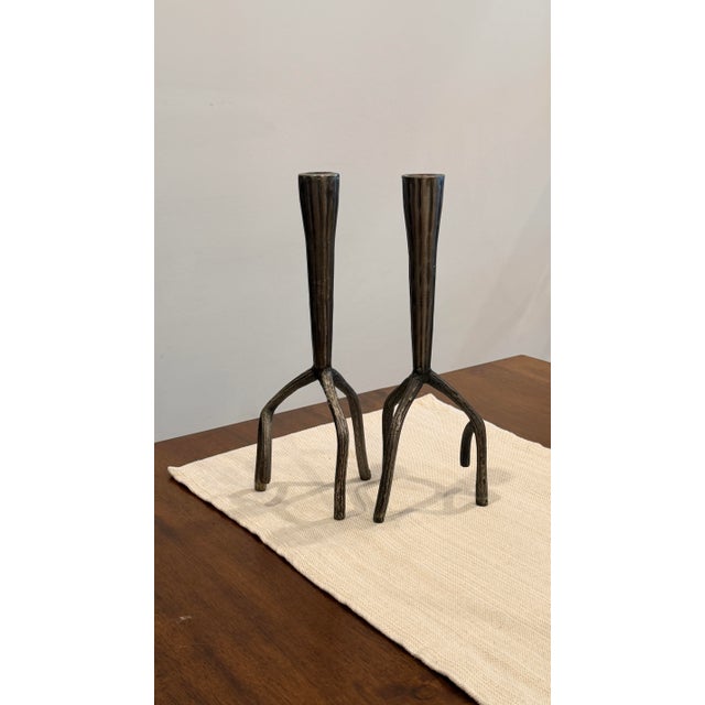 Contemporary Brutalist Sculptural Iron Candle Holders – Organic Branch Form Taper Candlesticks (Pair) For Sale - Image 3 of 4