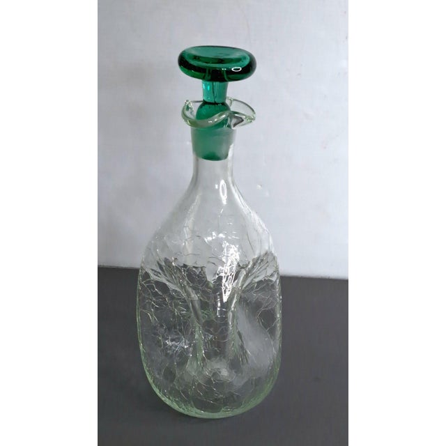 Mid-Century Modern 1968 Vintage Blenko #49 Clear Crackle Pinched Decanter W/ Green Stopper MCM 11.5" For Sale - Image 3 of 10