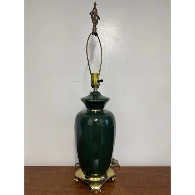 Hollywood Regency Mid Century Hollywood Regency Green Ceramic Table Lamp Brass Base Vintage 30” Tall For Sale - Image 3 of 12