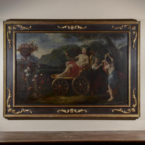 This majestic oil painting on canvas depicts the triumph of the god bacchus in a chariot, a classic antique theme much...