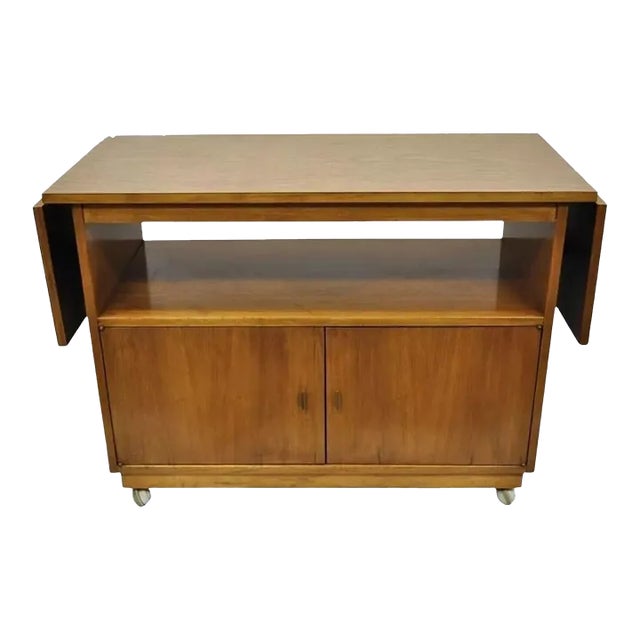 Vintage Mid Century Modern Walnut Laminate Top Rolling Drop Leaf Bar Cart Server For Sale