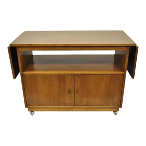 Vintage Mid Century Modern Walnut Laminate Top Rolling Drop Leaf Bar Cart Server