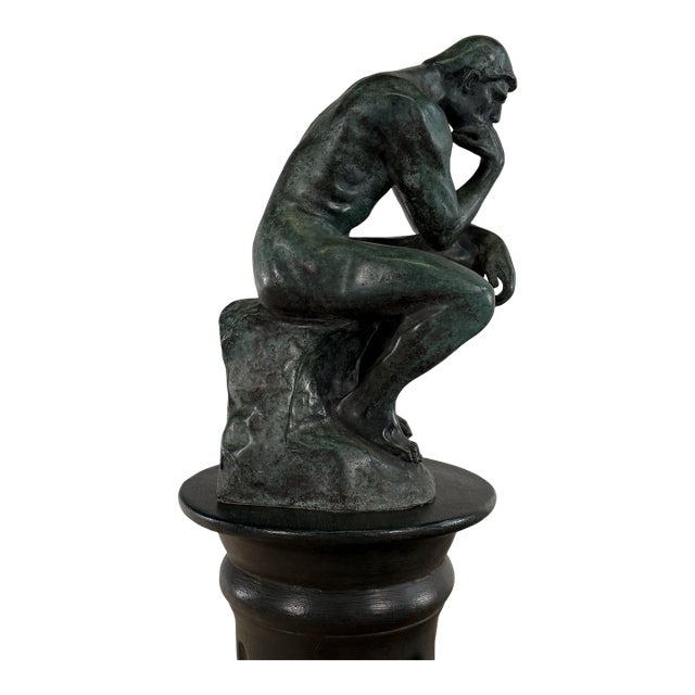 After Rodin “The Thinker” Bronze Sculpture, Signed, Green Patina – 14” For Sale