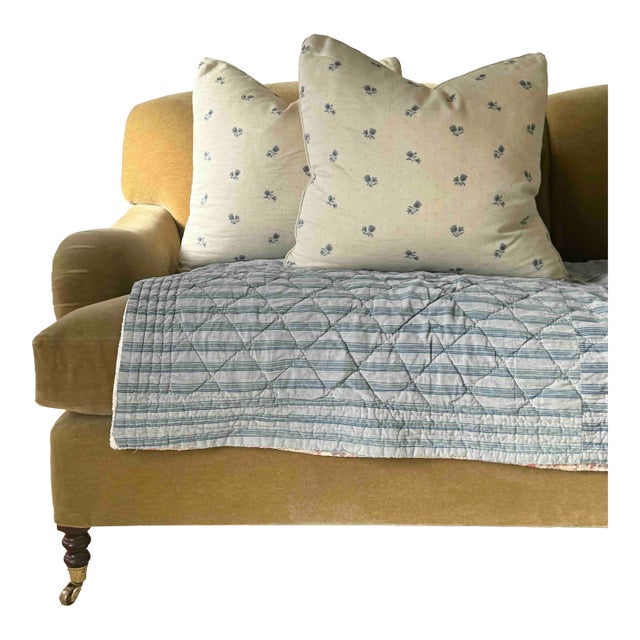 Pair of custom pillows in Decor Barbares Polonaise in Blue. Fabric has been knit backed for durability. Down inserts, self...